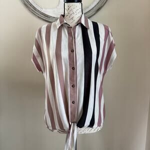 Exclusive One Women’s Button Front Striped Blouse Tie Hem Short Sleeve Top SizeS